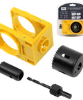 Door Lock Installation Kit For Wooden Doors One And Three Eighths Inch To One And Three Quarters Inch Hole Saw Set With Guide Template Jig And Pilot Bits For Precise Hole Drilling And Easy Door Hardware Installation showing yellow plastic guide template, two hole saws, and drill bit.