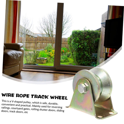Beefed-Up Heavy Duty V Groove Sliding Gate Wheel Set 4 Pack, steel construction, shown indoors near garden view.