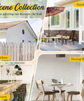 Scene collection featuring outdoor, garden, tavern, and dining room spaces decorated with tin paintings on walls.