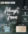 Always & Forever white LED neon sign, USB powered, for wall decor with dimensions 39x32cm; showcases light up and off states.