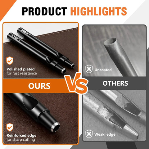 Comparison of polished and uncoated hollow punches from Leather Punch And Stitching Chisel Kit With Diamond Chisels And Hollow Hole Punches For Belt And Watch Strap DIY Leather Projects 1mm To 5mm Prong Spacing And 4mm Hollow Punch Set For Beginners And Pros