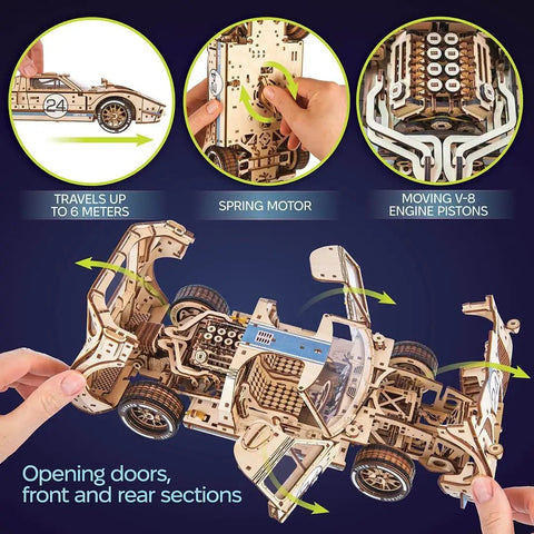 Endurance Racer DIY Model Car Kit 3D Puzzle, 1:12 wooden sports car with opening doors, spring motor and moving V8 pistons