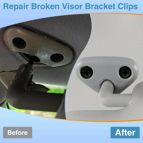 Before and after of gray sun visor mount clip repair bracket installation on Subaru with damaged and fixed views.