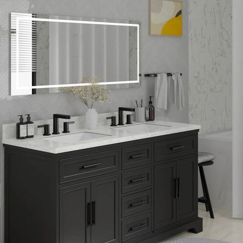 Bathroom with Matte Black 8 Inch Widespread Bathroom Faucet For 3 Hole Sink With Pop Up Drain And Water Supply Lines