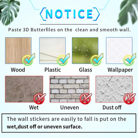 Instructional guide for applying Sunflower Wall Stickers And 3D Gold Butterfly Decals Bundle on various surfaces.