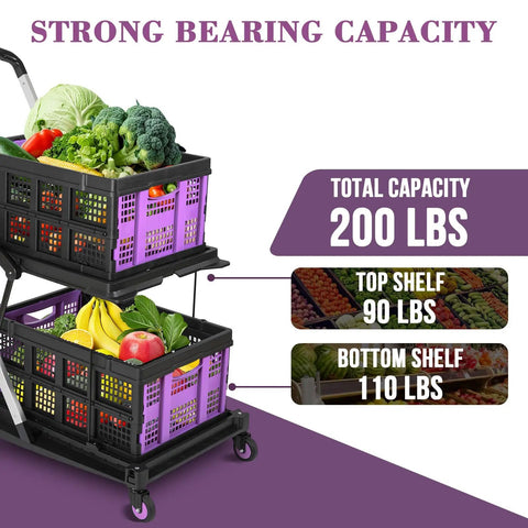 Collapsible Shopping Cart On Wheels Folding Utility Cart With 360 Degree Swivel Wheels Portable Grocery Cart dual crates loaded