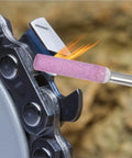 32 Pcs Diamond Chainsaw Sharpener Kit with 5.5 mm grinding heads sharpening a chainsaw chain close-up, showing pink high hardness diamond stones.