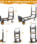 3 In 1 Convertible Heavy Duty Folding Hand Truck Dolly With 600 lb Capacity, rubber wheels, telescoping handles, bright orange.