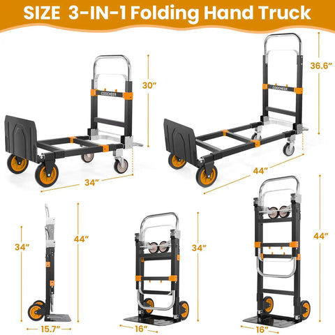 3 In 1 Convertible Heavy Duty Folding Hand Truck Dolly With 600 lb Capacity, rubber wheels, telescoping handles, bright orange.