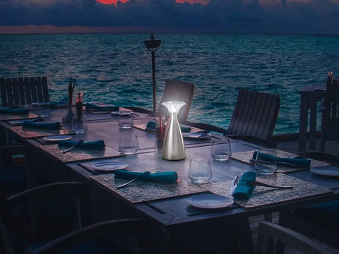 Lanterna Lux Satin Nickel LED Touch Lamp Two Pack With 200 Lumen Dimmer One Touch Brightness Control on outdoor dining table