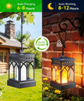 Must Have 4 Pack Dancing Flame Solar Lanterns Outdoor Waterproof With Upgraded Flickering Flame And Constant Modes hanging in garden and against brick wall