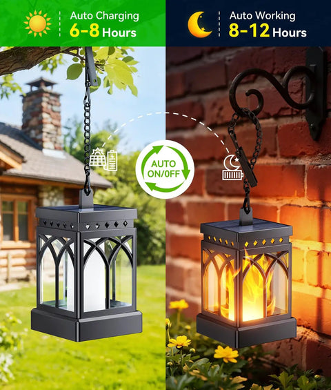 Must Have 4 Pack Dancing Flame Solar Lanterns Outdoor Waterproof With Upgraded Flickering Flame And Constant Modes hanging in garden and against brick wall