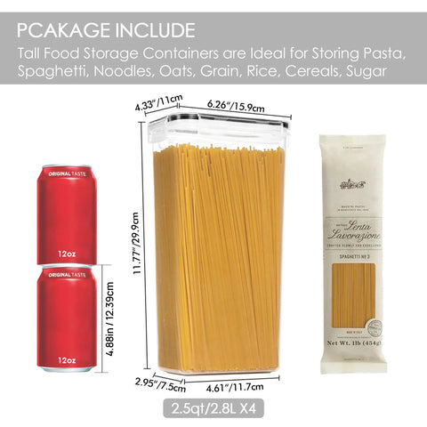 4 Pack 2.8L Airtight Food Storage Containers With Lids, BPA Free Kitchen Canisters, shown with spaghetti and size comparison to soda can.