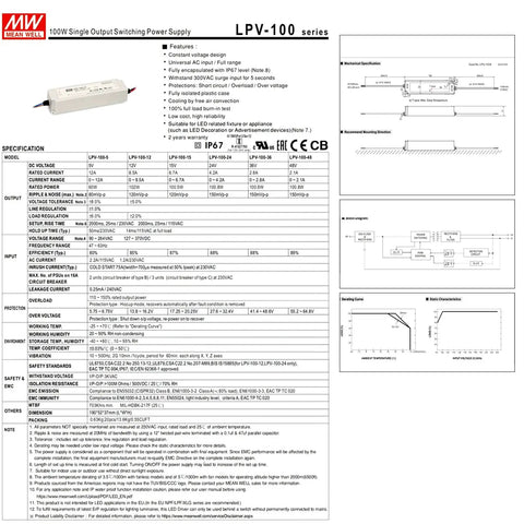 Rugged Ac Dc Led Driver Power Supply 24 Volt 4 2 Amp 100 Watt Ip67 Waterproof Fanless Unit detailed specifications and features.