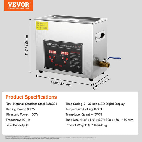 Heavy Duty 6L Ultrasonic Cleaner With Digital Timer And Heater Killer Performance For Watches Glasses Rings And Small Circuit Boards Squeaky Clean Pro Grade Washing System stainless steel design with LED display