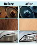 Before and after comparison showing restored gears, wood finish, and headlight clarity using sanding tools.