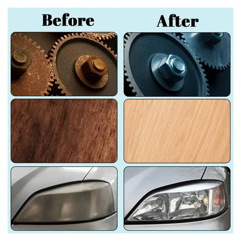 Before and after comparison showing restored gears, wood finish, and headlight clarity using sanding tools.