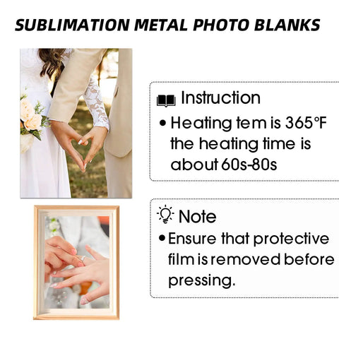 Ten Pack Four By Six Inch Aluminum Sublimation Blanks For Custom Photo Signs And DIY Wall Art White 0.45mm Thick Ideal For Living Room And Bedroom Decor Great For DIY Gifts And Home Decor Projects For Any Room, includes heating instructions visible with notes about removing protective film.