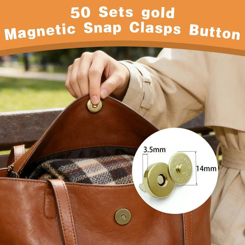 Hella Secure 50 Pack Silver Tone Magnet Closures Replace Velcro On Handbags Jackets Totes Craft Projects No Sweat Prong Install Delivers A Smart Snap Fit That Keeps Your Gear Tight Without Any Messy Threading Required. Close-up of a hand using a gold magnetic snap clasp on a brown handbag.