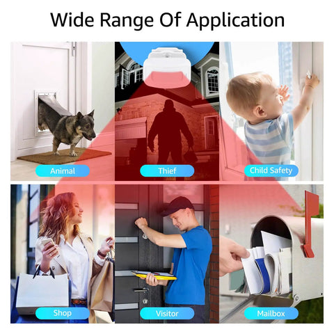 Wireless Motion Sensor Door Chime With 4 LED Indicators And Vibration No Drill Easy Install Doorbell Alarm For Home Office Store School 17 Ringtones And Syncable Alerts Indoor Use. Wide range application for home, shop, visitor, mailbox