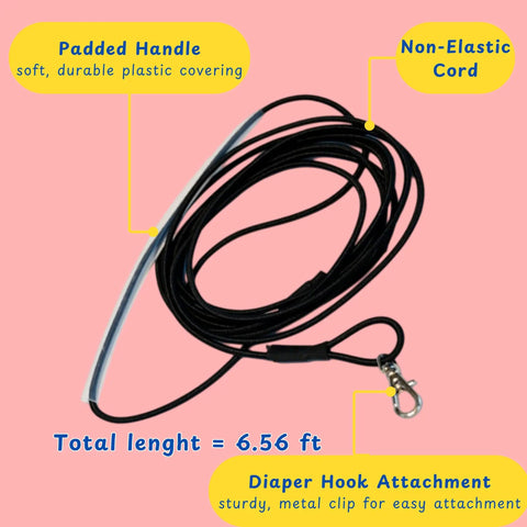 Bird Diaper Harness And Leash Set For Pets, black non-elastic leash with padded handle and metal clip on pink background.