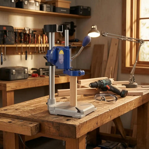 Drill Press Stand with Adjustable Depth Control and Vertical Support in workshop, featuring sturdy aluminum base and hand drill mount.