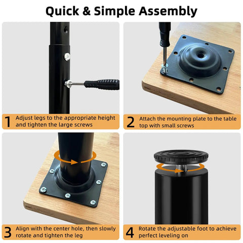 Adjustable Metal Table Leg Set 24 To 40 Inches Black Finish assembly steps for DIY desks and workbenches, 4-pack