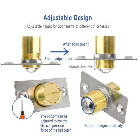 Adjustable 2 Pack Ball Spring Closet Door Catch Replacement For French Doors And Cabinets with gold and silver components.