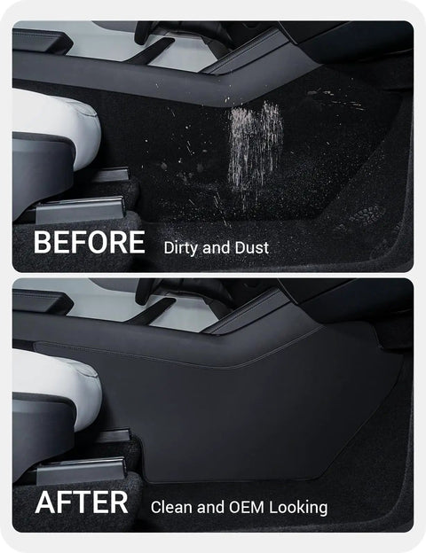 Juniper Center Console Side Anti Kick Mats for Tesla Model Y 2025 2026 Refresh before and after installation view