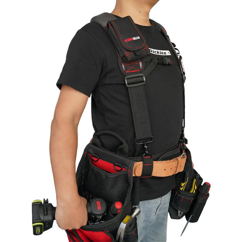 Person wearing Gel Padded Tool Belt Suspenders For Construction Work Comfortable Support For Carpenters Electricians And DIY Projects