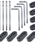 Beefed Up Heavy Duty Exhaust Hanger Rod Set Three Eighths Inch Universal Fit With Straight 10 Inch And 90 Degree 7.6 Inch Long Hangers Zinc Coated Mild Steel Car Replacement Kit With 2 Hole And 4 Hole Insulator Mounts displayed in full.