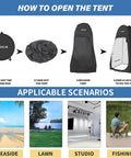 Steps to set up Portable Pop Up Shower Tent With Instant Privacy Dressing Room; seaside, lawn, studio, and fishing scenarios shown