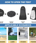 Steps to open Easy Pop Up Privacy Shower Tent for camping, with scenarios like beach and lawn shown.