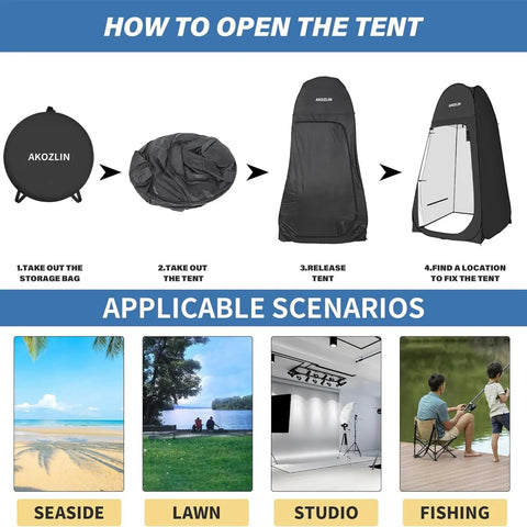 Steps to open Easy Pop Up Privacy Shower Tent for camping, with scenarios like beach and lawn shown.