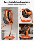 Pro Level Retractable Air Hose Reel Including 3/4 Inch By 50 Foot Pvc Hose With Snappy Auto Rewind and installed on ceiling, wall, and desktop.