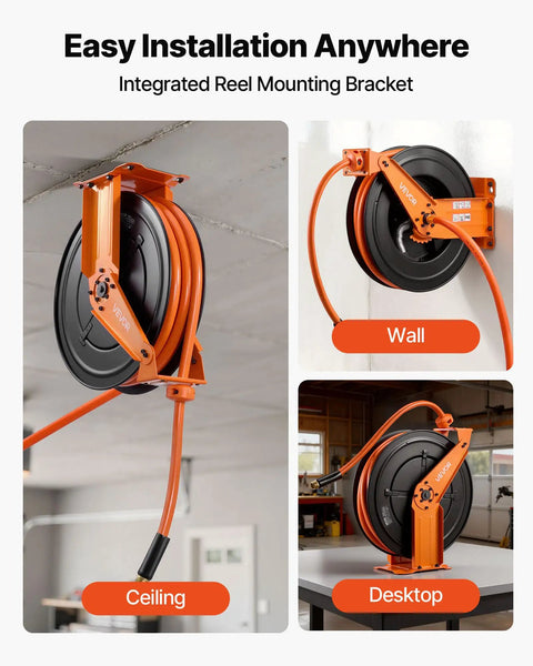 Pro Level Retractable Air Hose Reel Including 3/4 Inch By 50 Foot Pvc Hose With Snappy Auto Rewind and installed on ceiling, wall, and desktop.