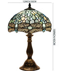 Lit Tiffany Style Sea Blue Stained Glass Table Lamp With Dragonfly Motif 12 Inch Wide Shade 18 Inch Tall Desk Reading Light Antique Green Bronze Base UL Listed S147 Series