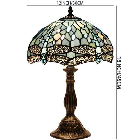 Lit Tiffany Style Sea Blue Stained Glass Table Lamp With Dragonfly Motif 12 Inch Wide Shade 18 Inch Tall Desk Reading Light Antique Green Bronze Base UL Listed S147 Series