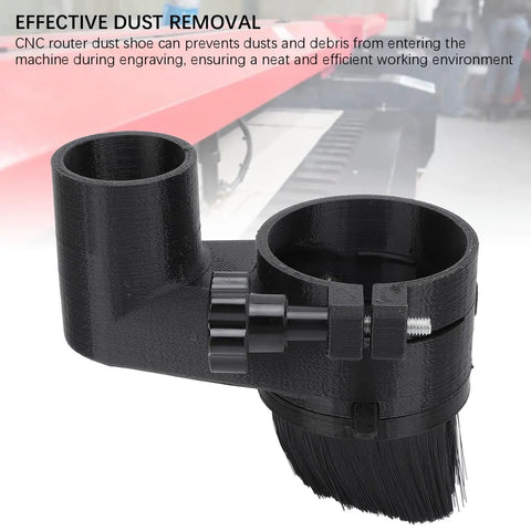 Attachable 52mm Particle Guard Boot For CNC Router Dust Collection, Quick Install Shield That Captures 90 Percent Sawdust From Engraving, Fits 300W 500W Spindles And 775 Motors, Handy Brush Maintenance Tool For Woodworking, shown in black with dual ports and bristle brush.