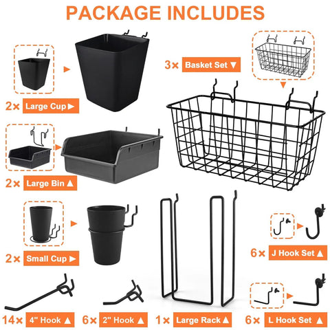Pegboard Organizer Set 42 Piece Kit With Large Baskets Bins Cups Hooks And Book Holder For Wall Storage In Garage Shed Office Craft Room Universal Fit For Pegboards With One Inch Hole Spacing Black