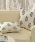 Gray Brown Linen Pillow Cover Set 18x18, 2 Pack Floral Block Print, Modern Vintage Boho Decor For Couch And Outdoor, Fade Resistant Cushion Covers, Neutral Farmhouse Throw Pillows on cream sofa