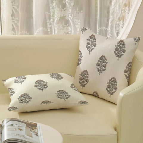 Gray Brown Linen Pillow Cover Set 18x18, 2 Pack Floral Block Print, Modern Vintage Boho Decor For Couch And Outdoor, Fade Resistant Cushion Covers, Neutral Farmhouse Throw Pillows on cream sofa