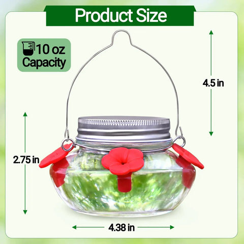 Hummingbird Feeder With Cute Mason Jar Design, Four Silicone Flower Ports, Top Fill, Leak-Proof, 10 oz capacity, glass