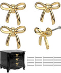 Gold Bow Dresser Knobs 4 Pack Zinc Alloy Cabinet Hardware Brushed Brass Drawer Pulls For Kitchen Cabinets And Bedroom Decor Dope Vintage Style Upgrade, gold bow knob set with screws, on black dresser