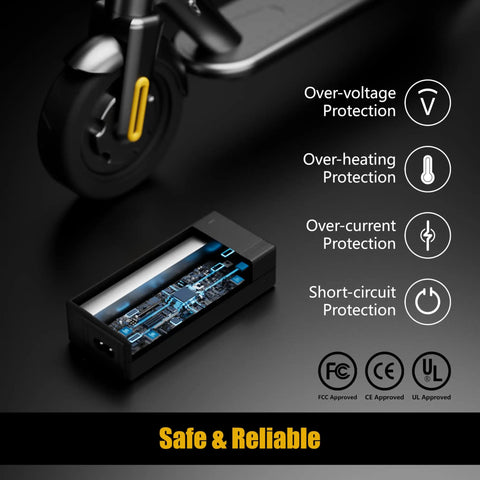 42V Electric Scooter And Hoverboard Charger UL Certified For Most 36V Lithium Batteries With safety features displayed