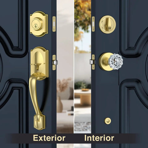 Vintage Gold Front Door Lock Set With Crystal Glass Knob Sleek Dope Reversible Handle And Deadbolt Brushed Gold Exterior Entry Door Hardware With Zinc Alloy Construction For Right Or Left Swing