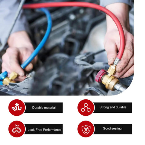 Top Shelf Two Piece R1234YF To R134A Quick Couplers Kit with gold hoses being connected for AC recharge diagnostics.