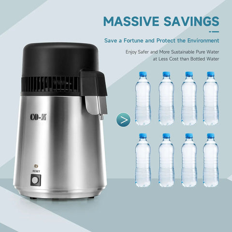 4L Brushed Stainless Steel Tabletop Water Distiller With Glass Pot alongside bottled water, showcasing savings.