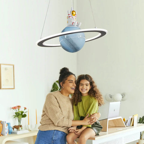 Space Themed Astronaut Pendant Light For Kids Room Dimmable Planet LED Chandelier With 3000K 4000K And 6000K Color Temps in playroom