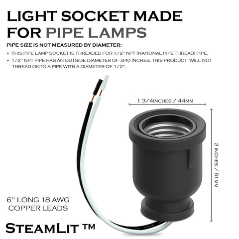 Pipe Lamp Socket For Half Inch NPT Pipe In Black Finish, Prewired With 6 Inch 18 Gauge Leads, Supports Up To 75 Watts